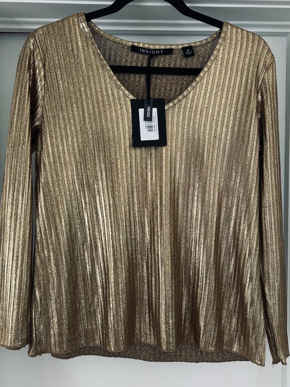 NWT Insight New York Radiance Metallic Rib Knit Gold Long Sleeve Top M